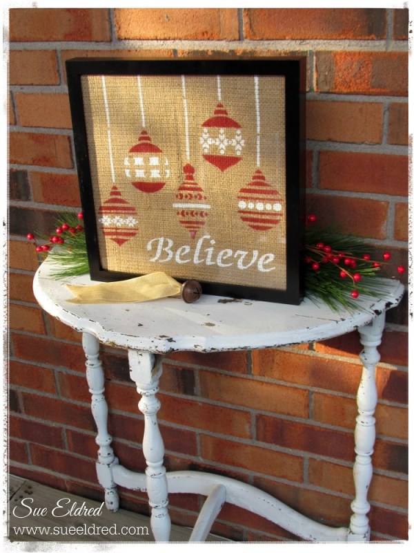 Stenciled Burlap Outside