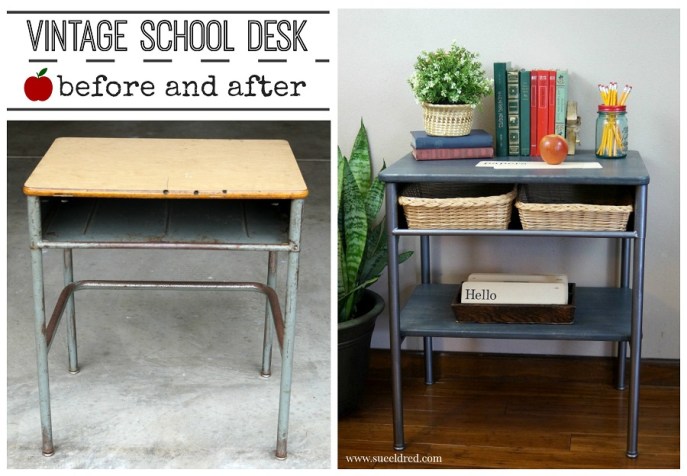 Vintage School Desk Make-Over Before and After-Sue's Creative Workshop
