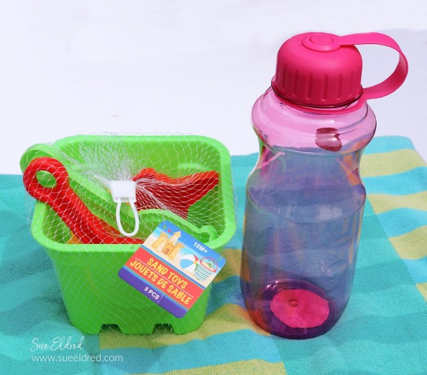 Dollar Tree Sand Toys and Water Bottle
