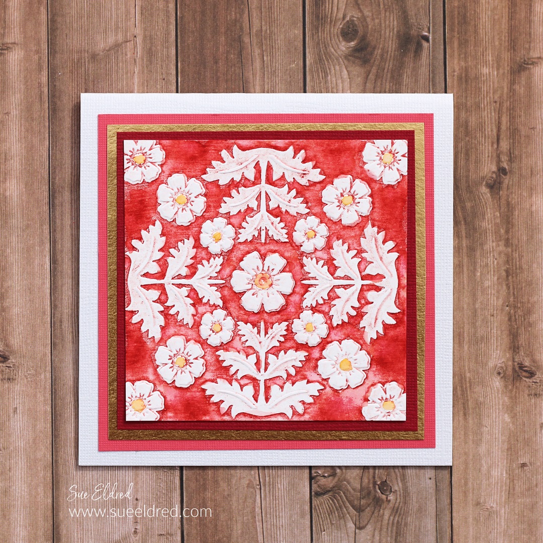 Red and White Embossed Damask Card